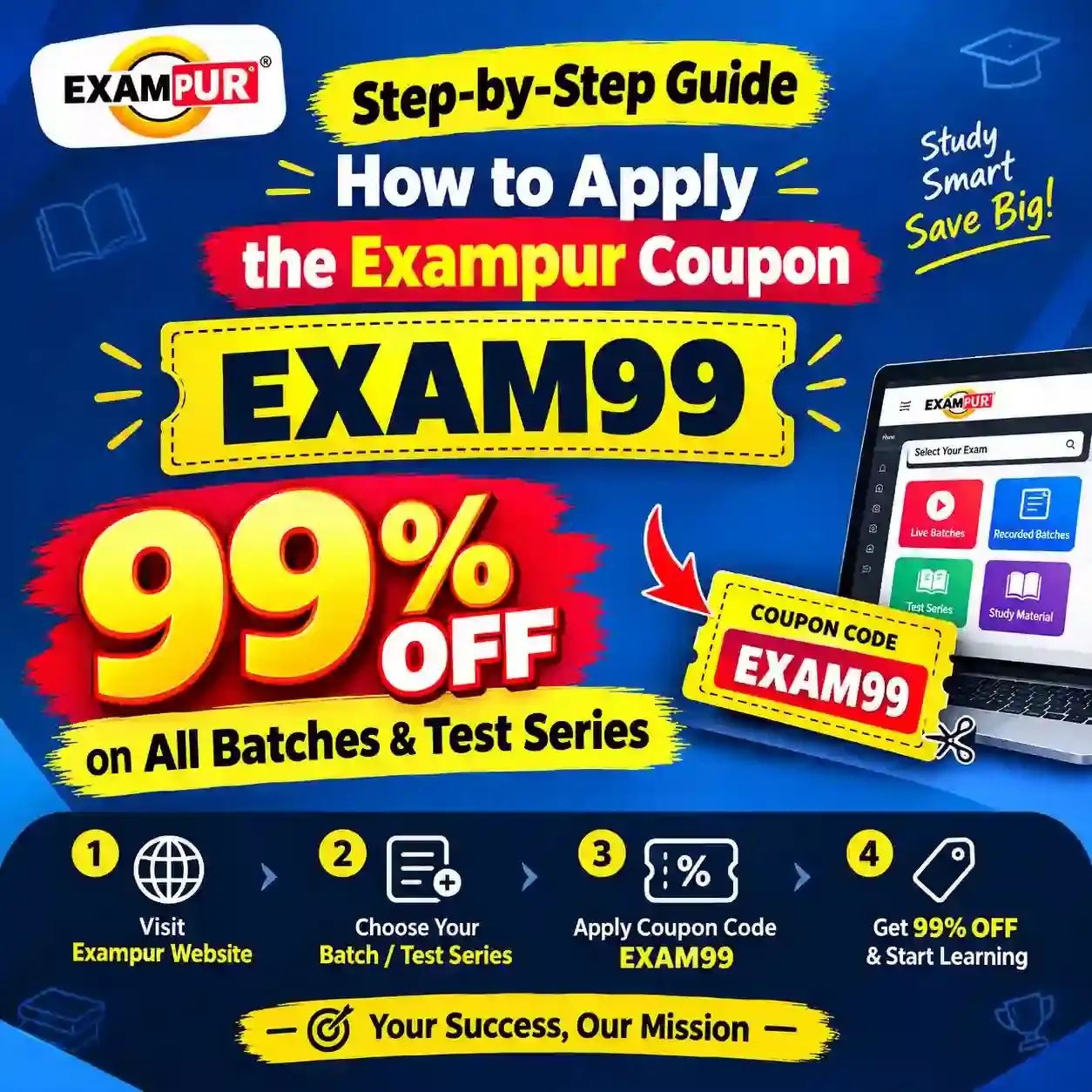 step-by-step guide to apply the exampur coupon code EXAM99 for 99% discount on all batches and test series.